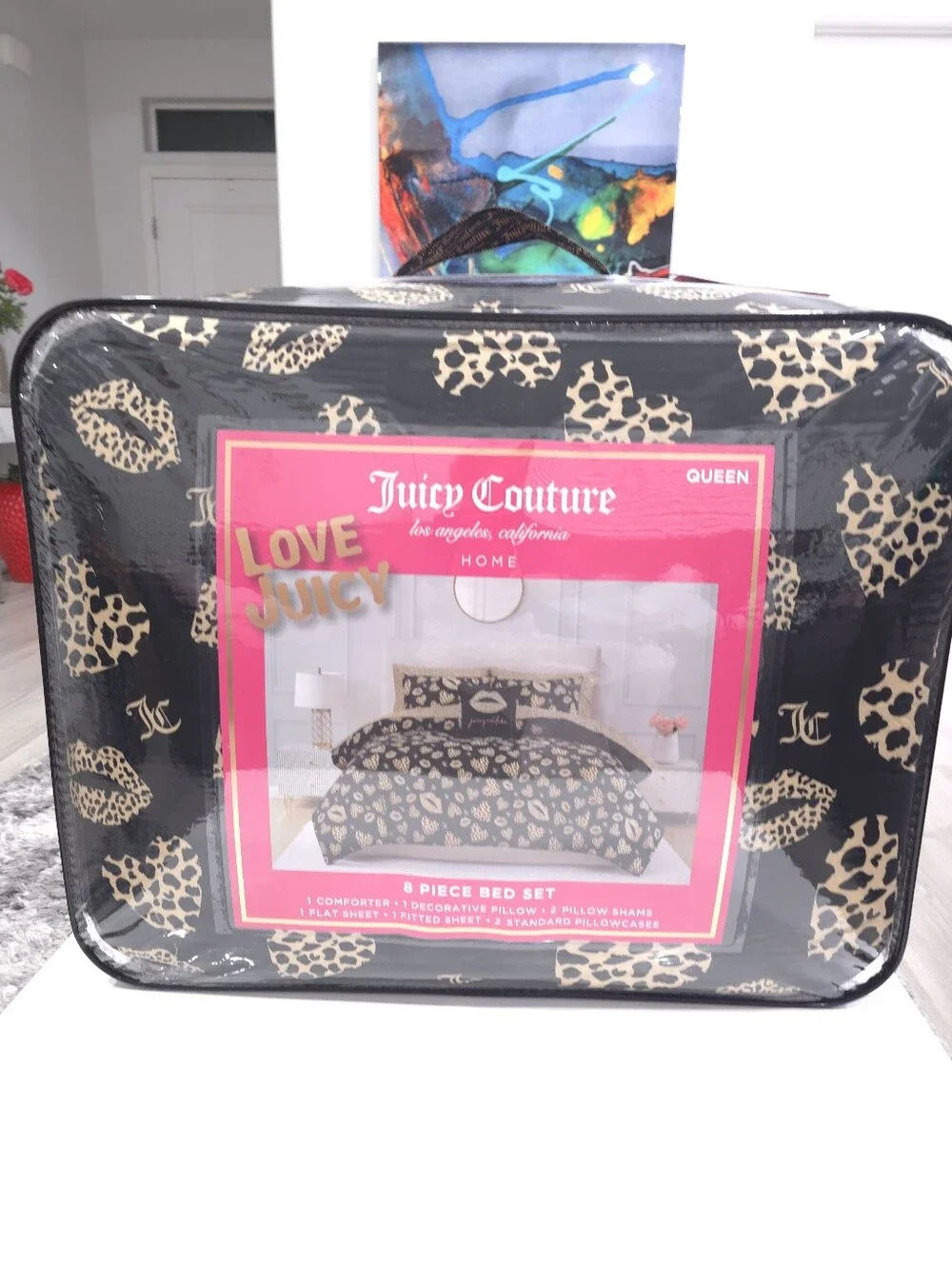 Juicy Couture QUEEN Cheetah Heart Kiss Love 8 piece Comforter and Sheets set New